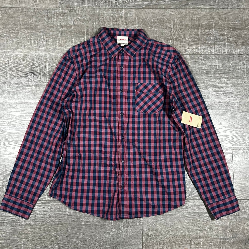 Levis Mens Plaid Button Down Shirt Red Navy Blue Long Sleeve L 3LGLW1613 NEW